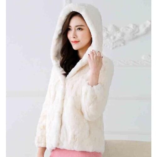 Women Rex Rabbit Fur Coat short design with a hood long sleeve real rabbit fur outwear