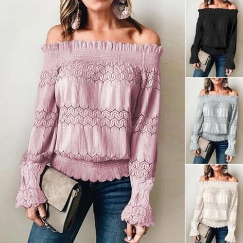 Womens Tops and Blouses 2021 Off Shoulder Lace Blouse Long Sleeve Sexy Slash Neck Ladies Lace Tops Women Shirts Blusas Feminine