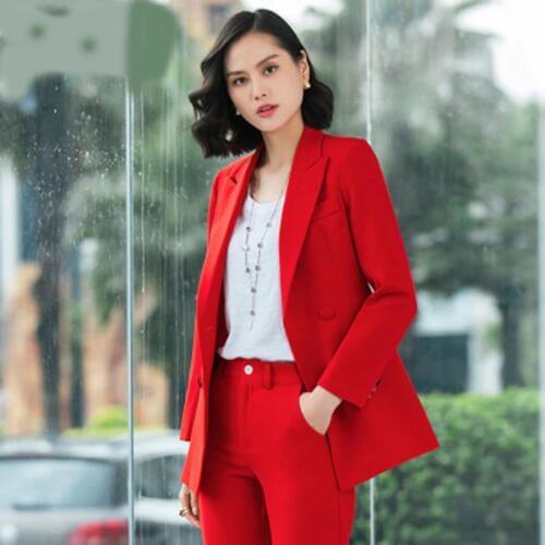 Two piece set top and pants fashion casual white collar tooling womens double-breasted long-sleeved suit big red suit pants