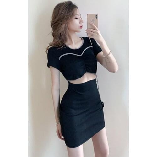 Real Shot 2021 New Fashion Womens Sexy Bag Hip Short-Sleeved Stitching Mini Hollow Dress