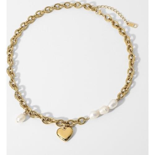 14K Gold Plated Stainless Steel Heart Shape Jewelry For Women Trendy Freshwater Pearl Choker Pendant Necklace