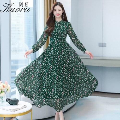 Green Size 4XL Women Long Sleeve Dress Autumn Chiffon Midi Sukienka W Kwiaty Boho Maxi Dresses For Vestidos De Mujer Casual