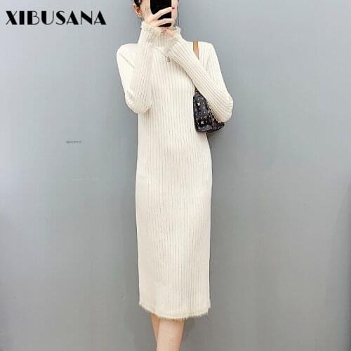 OL Style Knitted Long Dress Autumn Long Sleeve Half Turtleneck Thick Women Sweater Straight Dresses Female Solid Mujer Vestidos