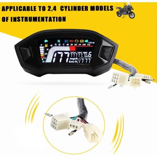 12V Universal Motorcycle LCD Digital Speedometer Tachometer Fuel Level Gauge 13000RPM for 2 and 4 Cylinder Types 24H Clock