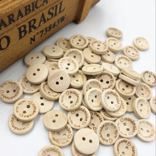 15 mm 30/50/100pcs Buttons Round Wood Buttons 2 Holes Carved "Handmade" Sewing Buttons Scrapbook 15mm WB389