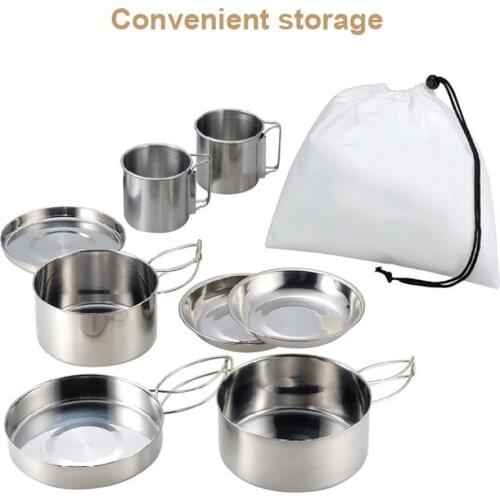 8Pcs/set Ultra-light Stainless Steel Outdoor Pot Pan Kit Outdoor Camping Equipment Hiking Cookware Bowl Cup Cover Cooking Set