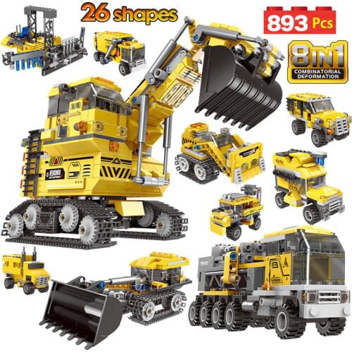 893PCS Creator Technical Engineering Truck Car Building Block City MOC Excavator Crane 8-in-1 Vehicle Bricks Toys for Children