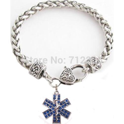 Antique silver EMT Emergency Medical Technician Blue Crystal Pendant Lobster Claw Bracelet(B10040)