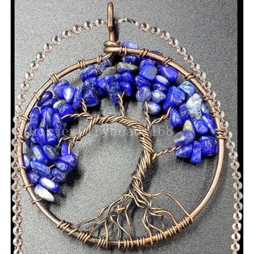 Free Shipping Women Beatiful Tree of life -Lapis Lazuli Wire Wrap Round Art Necklace With Chain 1pcs C4464n