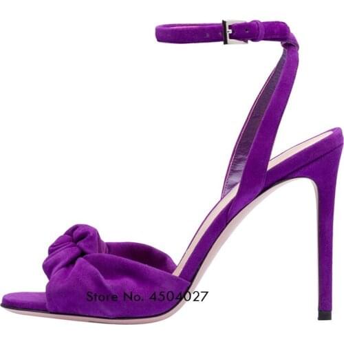 Purple Red Black Thin Heels Sandals Tie Knot Ankle Strap for Women Sexy Cross-Tied Pumps Peep Toe Party Shoes