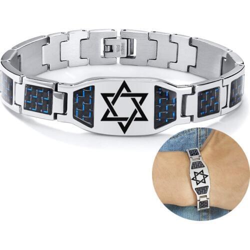 Carbon Fiber Bracelet Men Custom Star of David Logo Stainless Steel Hand Chain ID Bracelets For Dad Boyfriend Gift