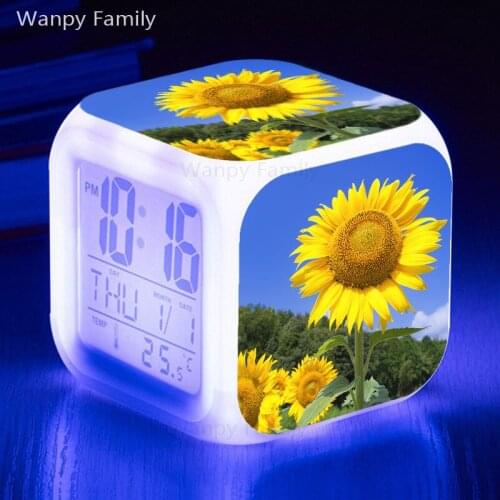 Sunflower alarm clock 7 color glowing Large screen multi-function LED color change digital alarm clock for kids birthday gifts