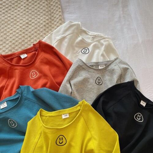 Childrens T-shirt 2021 Spring New Babyboys and Girls Smiley Print Long-sleeved T Shirt Baby Solid Casual Top Tees Baby Clothes