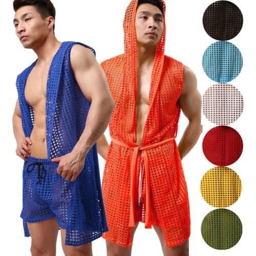 New 6 Color New Hot Men Fashion Hollow Out Breathable Nightwear Sexy Sleepwear Bathing Robe Gay Male Clubwear Lingerie S/M/L
