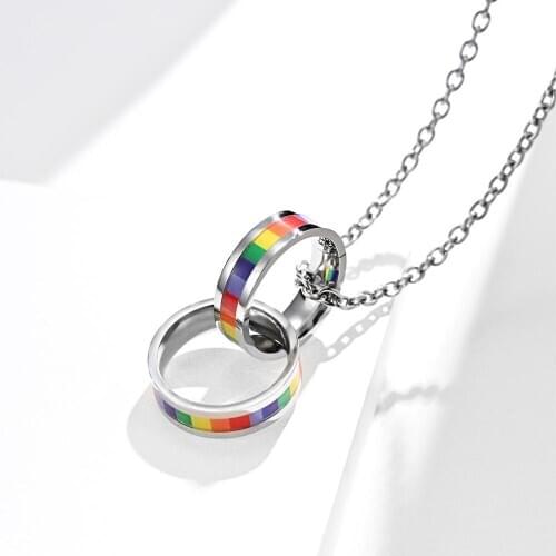 Hot Offer Free Shipping Double Circles Rainbow Flag Colorful Pendant Necklace Stainless Steel Mens Chain Gifts For Unix Women