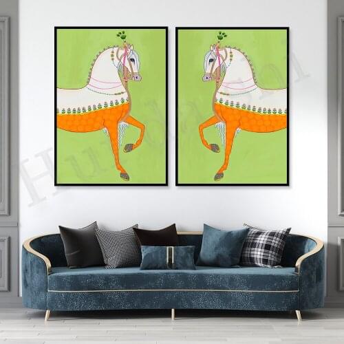 Art Print Preppy Horse with Indian Pattern tassels and pom poms