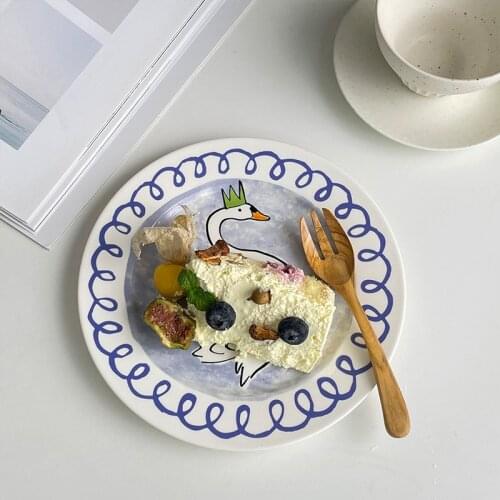 Ceramic Kitchen Accessories Breakfast Salad Plate 8 Inch Round Overglaze Fruit Dish Hand Painted Swan Dessert late