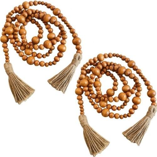 2 Pieces Wood Beaded Garland with Rustic Tassels, Jute Tassels, Summer Country Style Home Tiered Tray Decor (88.6 Inch)