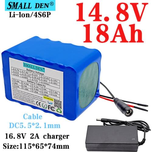 14.8V 18Ah 18650 4S6P Lithium-ion rechargeable battery pack with BMS, LED light heater electronic toy battery+16.8V 2A charger