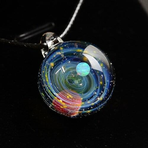 LKO Nebula Cosmic Handmade Opal Galaxy Glass Pendant with Rope Necklace Men Women Couple Jewelry Valentines Day Present