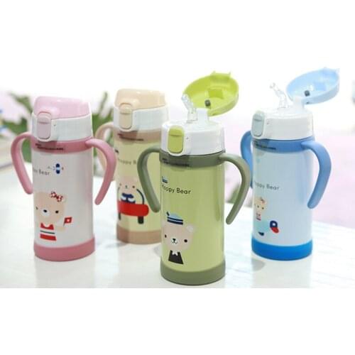 Bear Vacuum Cup Insulated Double Wall 304 Stainless Steel Mugs straw Cup Children Water bottle with Handgrip