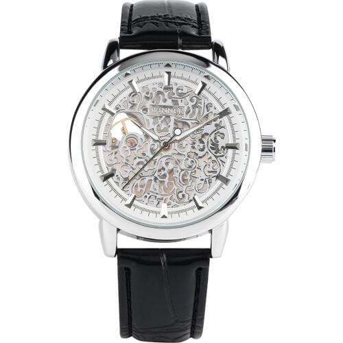 Mens Mechanical Watch Hand-Winding Business Skeleton Watch Leather Strap White Dial