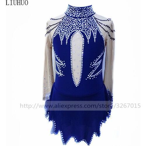Figure Skating Dress Womens Girls' Ice Skating Dress High elastic yarn dark blue Collocation of white and black water drill