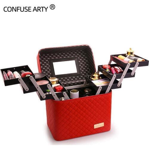 Professional Women Large Capacity Makeup Fashion Toiletry Cosmetic Bag Multilayer Storage Box Portable Make Up Suitcase