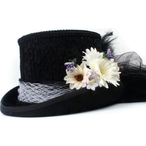 15CM Top 4 Size Black Women Wool Top Hat Bride Lady Mesh Fedpra Hat Steampunk Beaver Cosplay Party Wedding Hat