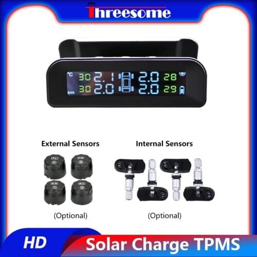 Threesome tpms Automatic Brightness Control Solar Power Car Tire Pressure Monitor System Adjustable LCD Screen Wireless 4 Tire