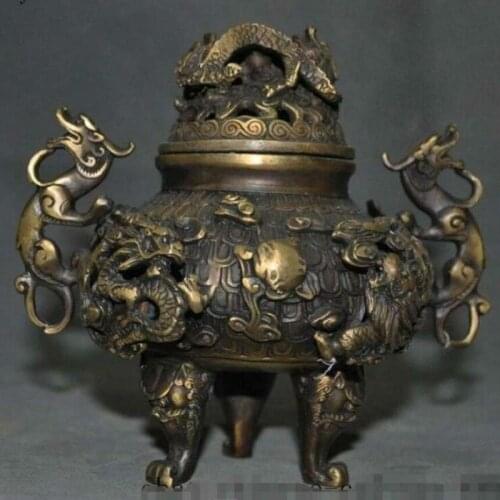 Old Chinese bronze Dragon Brave troops Pixiu beast Incense burner Censer
