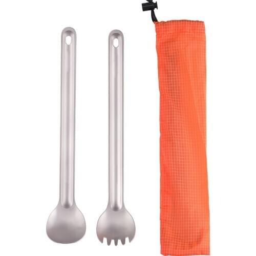 Tiartisan Long Handle Spoon and Spork Set Titanium Cooking Eating Utensils 2 pcs Cutlery for Hiking, Camping, Backpacking, BBQ