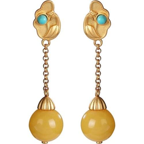 925 sterling silver Gold plating Natural Amber Beeswax Ear studs Retro Peacock Round beads Ladies Eardrops Earrings