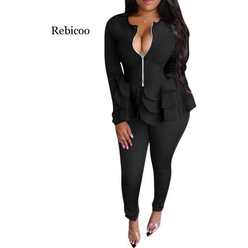 Office Ladies Two Piece Set Women Sexy Autumn Elegant Black Long Sleeve Sexy V Neck Ruffle Blouse Long Pencil Pants Causal Suits