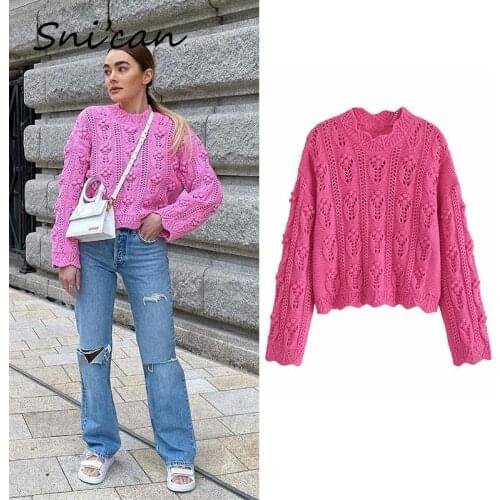 Solid Balls Hollow Out Knitted Sweater Spring Autumn O Neck Ladies Knitted Pullover Oversize Casual Crop Pull Femme Za Women New