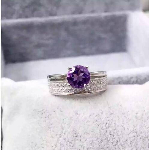 Natural amethyst Ring Natural gemstone ring S925 sterling silver trendy Elegant personality round two women girl gift Jewelry