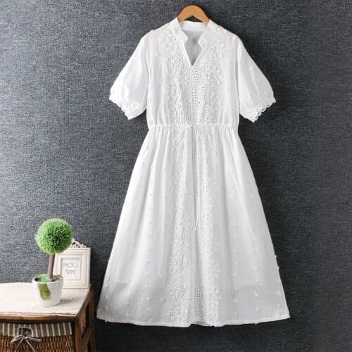 Lamtrip Romantic 3D Flowers Stitch White Short Sleeve Fairy Beach Dress Cotton Robe 2021 Summer