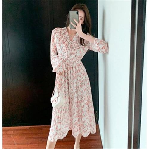 2021 Spring Autumn Women V-neck Pleated Dress Female Long Sleeve Vintage Printed Floral Casual Chiffon Dresses Kobieta Sukienka