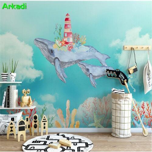3D Nordic Creative Watercolor Ocean Whale Background Wall Children Room For Kids Printed Photo Mural Bedroom Home Decor Animal