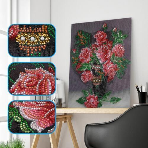 5D DIY Diamond Chinese Style Flower Rose Flower Vase Cross Stitch Diamond Embroidery Special Shaped Diamond Home Decoration