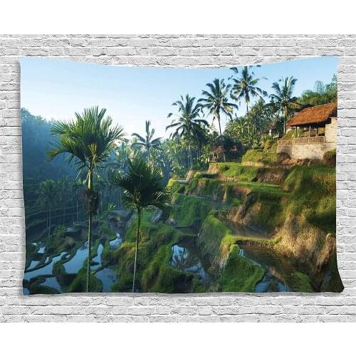 Balinese Decor Terrace Rice Fields Palm Trees Traditional Farmhouse Morning Sunrise View Bali Indonesia Wall Hanging Tapestry