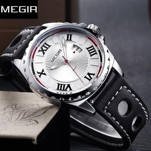 Top Brand MEGIR Sport Men Watch Black PU Band Quartz Watches Men Clock Time Fashion Army Military Wristwatches Erkek Kol Saati