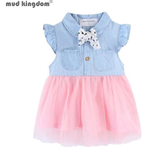 Mudkingdom Toddler Girl Denim Dress with Collar Patchwork Girls Dresses for Kids Bow Clothes Tulle Fluffy Children Summer Wear