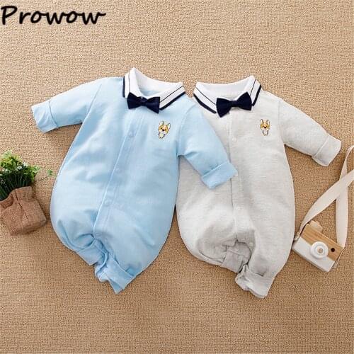 Prowow Breathable Cotton Baby Romper Embroidery Dog Print Baby Gentleman Costume With Necktie Male Newborn Baby Clothing