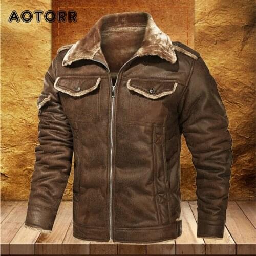 Retro Leather Jacket Men Winter Fur Lined Coat Mens Thick Warm Flight Bomber Faux Leather Jacket Fashion Zipper Outwear 2021