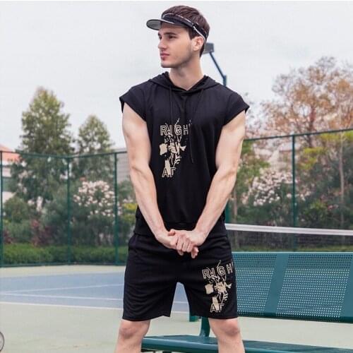 Hooded Short-sleeved Shorts Two-piece Summer Solid Color Trend Printing Fashion Tether Shorts Cool Suit Men Outfits Jogger Set