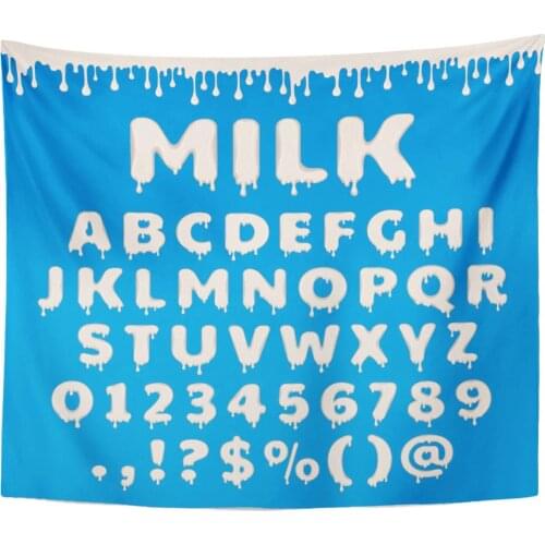 Milk Latin Alphabet ABC with Splash and Flow Drop of White Liquid for Dairy Packaging Numbers Tapestry Home Decor Wall Hanging