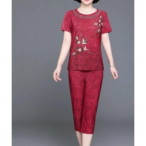 Middle-aged clothing summer 2 piece set womens new short sleeve t-shirt+pant suit set womens large size loose sporting set
