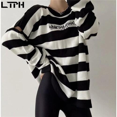 LTPH oversized loose women sweaters knitted pullovers striped letter embroidery vintage hollow strapless jumpers 2021 autumn new