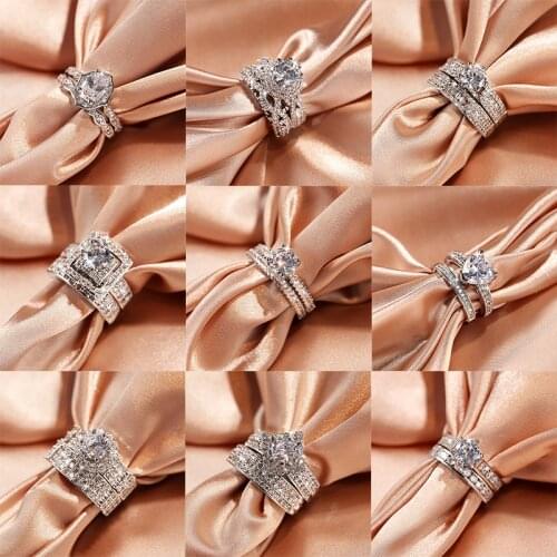 2021 Hot Sale Hot Sale 2pcs Ring Set Geometric Zircon Double Layer Womens Ring Engagement Bridal Jewelry Couple 925 Silver Ring